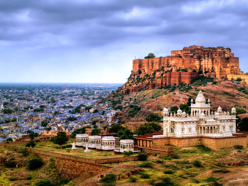 Mehrangharh Fort and Jaswant Thada mausoleum in the blue city Jodhpur.